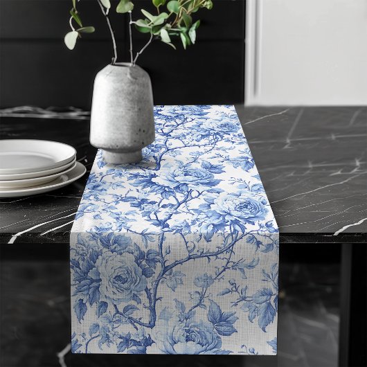 Chemin De Table Long Royal Blue French Toile Roses Floral Table Runner