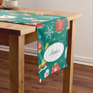 Chemin De Table Long Snowflakes Turquoise Monogramme Motif Noël