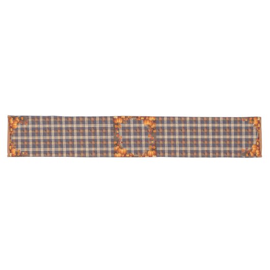 Chemin De Table Long Thanksgiving Plaid avec frontière Citrouille (Horizontal)