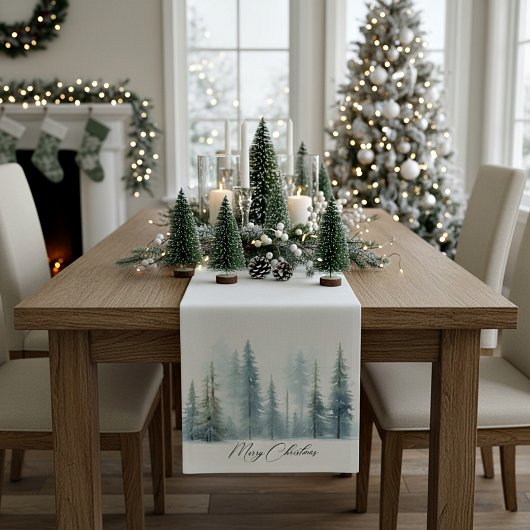 Chemin De Table Moyen Aquarelle neige arbres personnalisés Noël