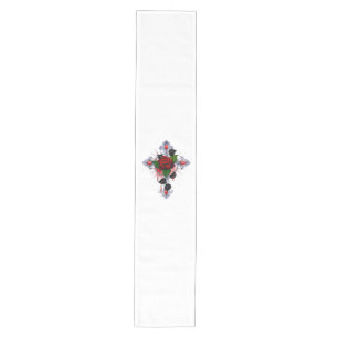 Chemin De Table Moyen Croix d'argent avec une rose rouge