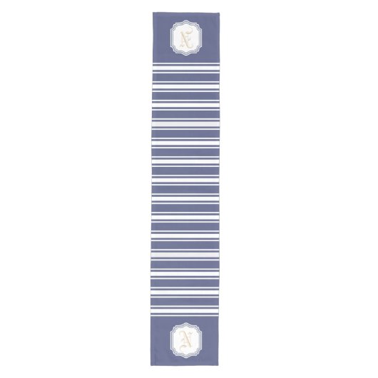 Chemin De Table Moyen Monogrammé Double Rayé | Bleu Nuit (Devant)