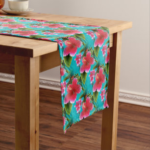 Chemin De Table Moyen Motif de fleurs hawaïen de ketmie de turquoise