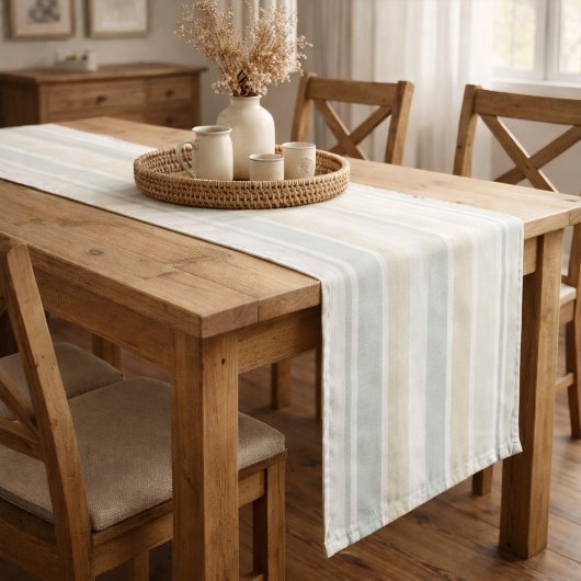 Chemin De Table Moyen Neutral Dusty Blue Striped | Rustic Farmhouse