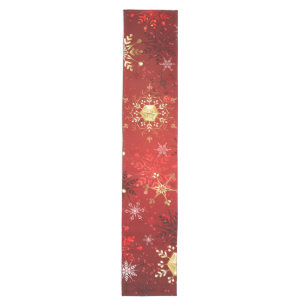 Chemin De Table Moyen Noël Golden Snowflakes sur Arrière - plan rouge