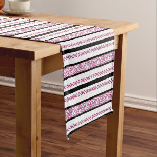 Chemin De Table Moyen Rayures noires et blanches avec motif floral magen