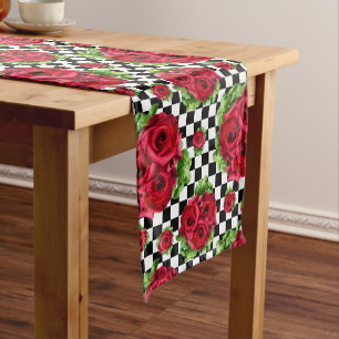 Chemin De Table Moyen Red Roses Bouquet Floral Amour Rockabilly À damier
