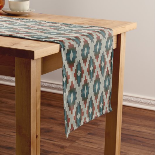 Chemin De Table Moyen Rouge foncé Brown Turquoise bleu gris Motif d'art  (In Situ)