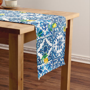 Chemin De Table Moyen style italien, méditerranéen, mosaïque, bleu, citr