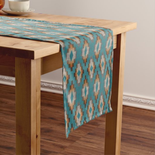 Chemin De Table Moyen Taupe Brown Bleu Turquoise Orange Tribal Art Motif (In Situ)
