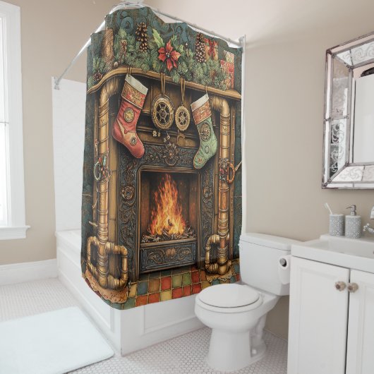 Cheminée de Noël Steampunk rideau de douche (En situation)