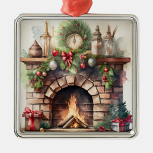 Cheminée de Noël Vintage avec Décorations