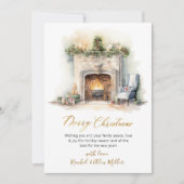 Cheminée Watercolor Non Photo Cartes de Noël (Devant)