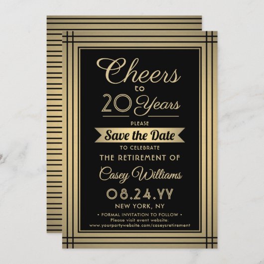 Cheques any Years Retirement Elegant Black and Gol Save The Date (Voorkant / Achterkant)