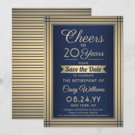 Cheques any Years Retirement Elegant Navy Blue Gol Save The Date (Voorkant / Achterkant)