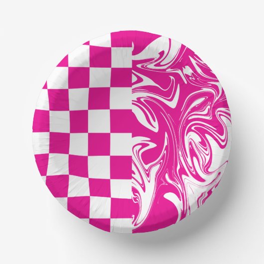 Cheques en Swirls in Magenta en Wit Papieren Kommen (Voorkant)