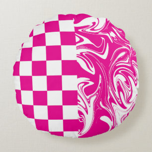 Cheques en Swirls in Magenta en Wit Rond Kussen