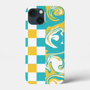 Cheques en Swirls in Turquoise, Geel en Wit iPhone 13 Mini Hoesje
