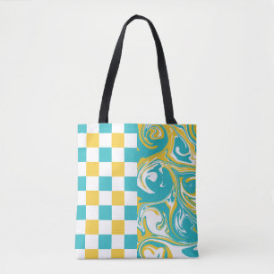 Cheques en Swirls in Turquoise, Geel en Wit Draagtas
