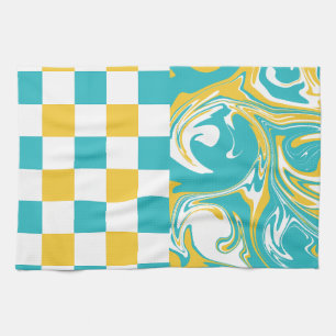 Cheques en Swirls in Turquoise, Geel en Wit Theedoek