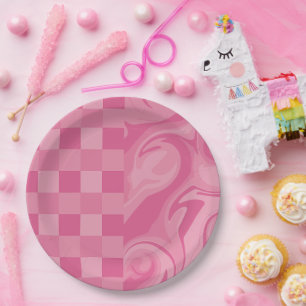 Cheques en Swirls - Roze Papieren Bordje