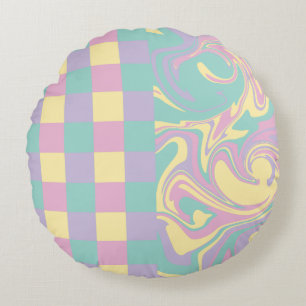 Cheques & Swirls Pastel Roze, Geel, Paars en groen Rond Kussen