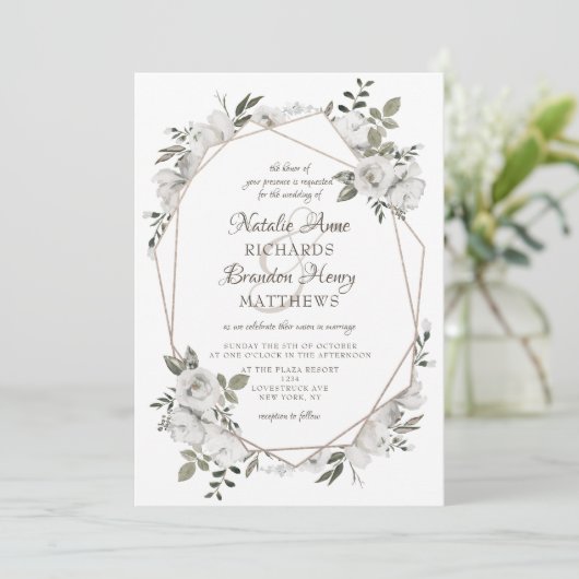 Cherish Bloemen Roos Goud Geometrisch Bruiloft Kaart (Staand voorkant)