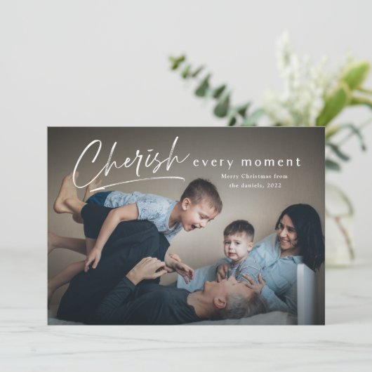 Cherish each Moment Script Photo Merry Kerstmis Kaart (Staand voorkant)