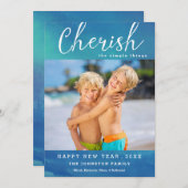Cherish New Year Photo Card / Ocean Blue Feestdagenkaart (Voorkant / Achterkant)