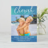 Cherish New Year Photo Card / Ocean Blue Feestdagenkaart (Staand voorkant)