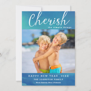 Cherish New Year Photo Card / Ocean Blue Feestdagenkaart