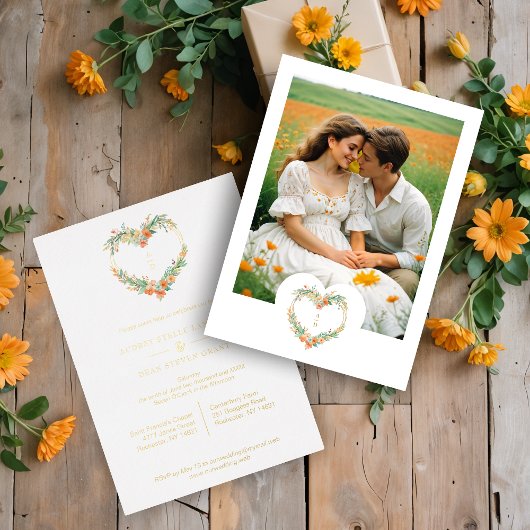 Cherish Romantic Orange & Green Floral Heart Shape Folie Uitnodiging