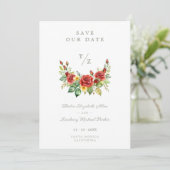 Cherish Spring Floral Red Garland Wedding Initials Save The Date (Staand voorkant)