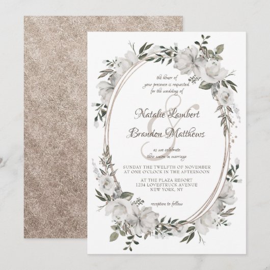 Cherish White Floral & Rozen Oval Wedding Kaart (Voorkant / Achterkant)
