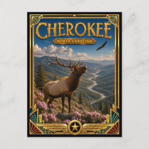 Cherokee North Carolina Vintage Art Deco Gouden Briefkaart