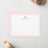 Cherries Pink Gingham Border Personalized Notitiekaartje (Voorkant / Achterkant in situ)