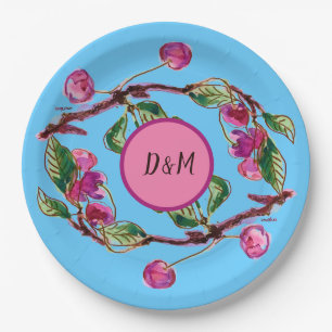 Cherries Roze vruchten op Turquoise met Initialen Papieren Bordje