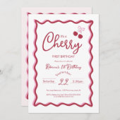 Cherry 1st Birthday Pink Bow Coquette Uitnodiging (Voorkant / Achterkant)