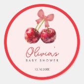 Cherry Baby Shower Favor Sticker with Pink Bow (Devant)
