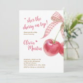 Cherry Baby Shower Invitation: Pink Bow, Berries Kaart (Staand voorkant)