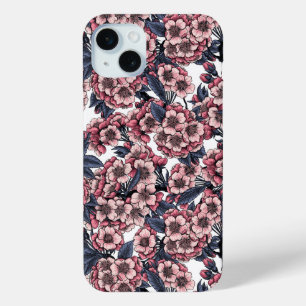 Cherry bloesem in roze en blauw iPhone 15 mini hoesje