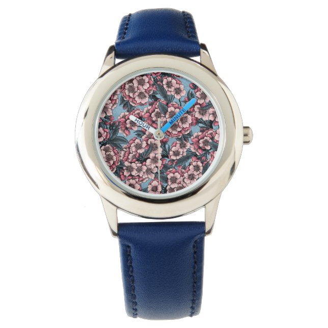 Cherry bloesem in roze en blauw horloge (Voorkant)