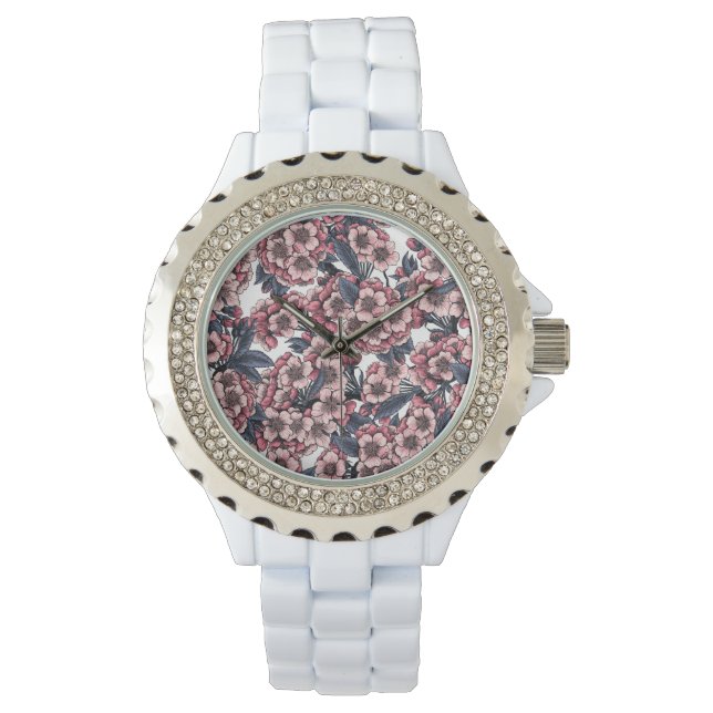 Cherry bloesem in roze en blauw horloge (Voorkant)