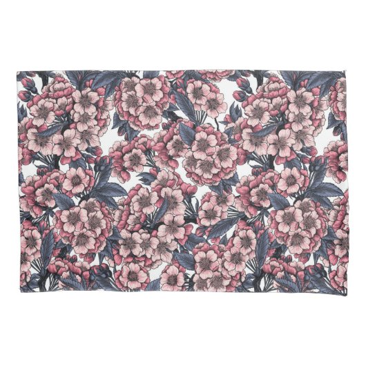 Cherry bloesem in roze en blauw kussensloop (Voorkant)