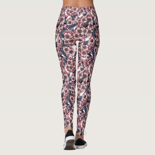Cherry bloesem in roze en blauw leggings (Achterkant)