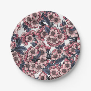 Cherry bloesem in roze en blauw papieren bordje