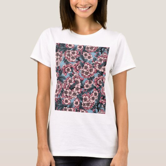 Cherry bloesem in roze en blauw t-shirt (Voorkant)