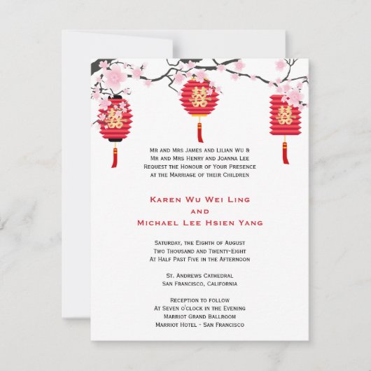 Cherry Blosbezems en Chinese lantaarns Wedding Kaart (Voorkant)