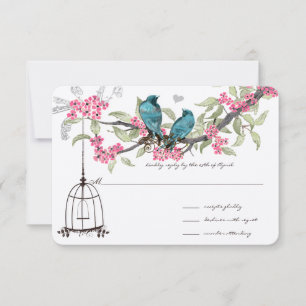 Cherry Blossom Aqua Birds en Birdcage RSVP Kaartje