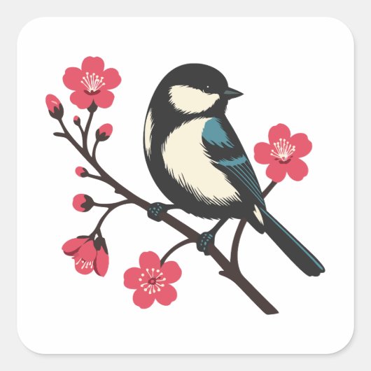Cherry Blossom Bird - Spring Serenity Art Vierkante Sticker (Voorkant)